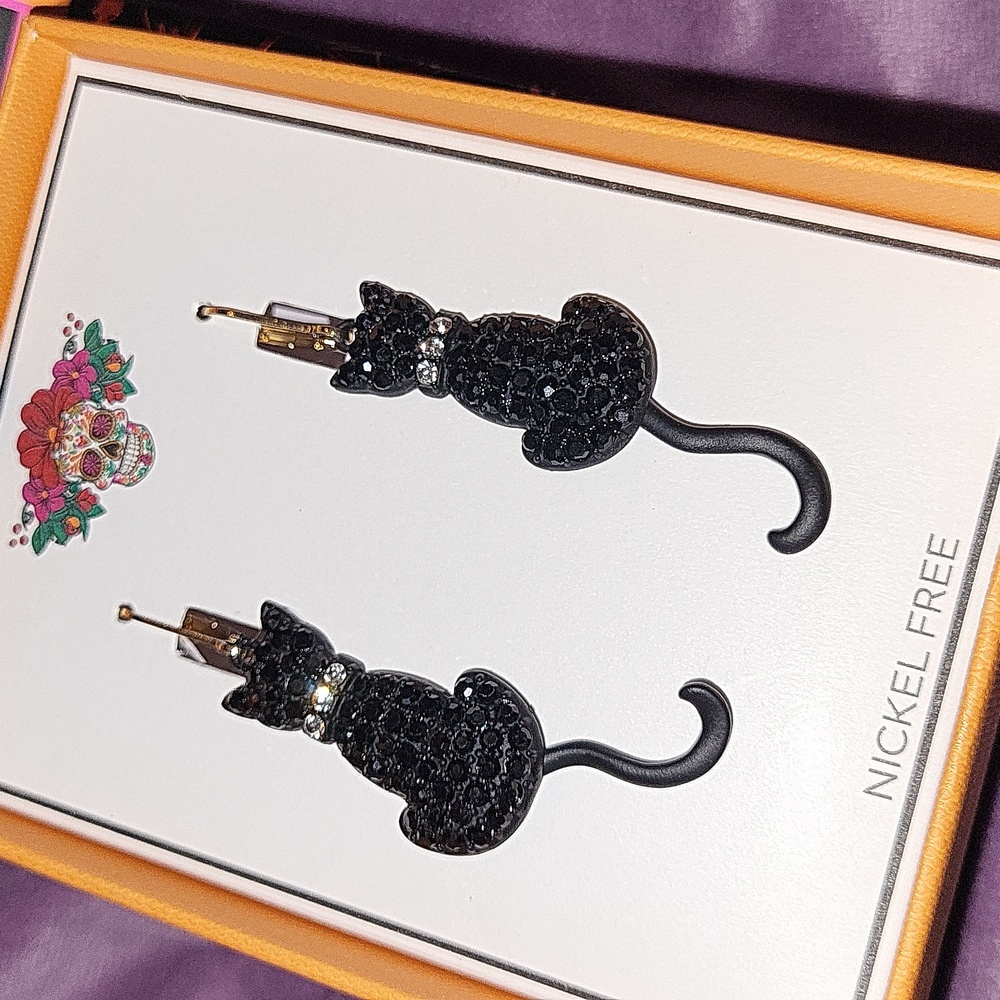 Black Cat Gem Detail W Colar Earrings with Colorful Sugar Skull Box  Te